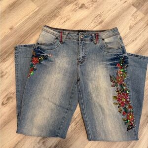 Embroidered Floral Blue Wide Leg Jeans